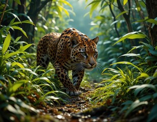 Jaguar in lush rainforest