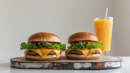 Two delicious cheeseburgers on wooden board with iced tea and orange juice.