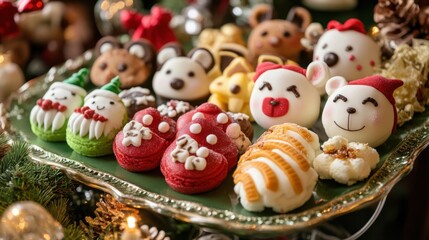 A selection of holiday-themed animal-shaped desserts is displayed on a platter with festive accents, creating a delightful and celebratory atmosphere