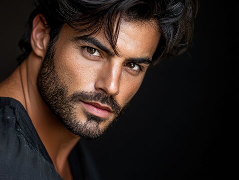 Handsome Man Portrait Dark Hair, Brown Eyes, Beard, Closeup