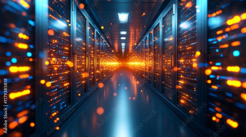 Poster digital vault showcasing blockchain identities in a high-tech data center with vibrant visuals