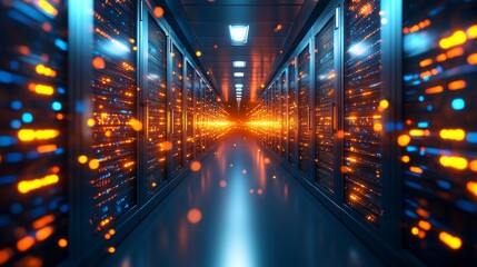 Obraz premium Digital vault showcasing blockchain identities in a high-tech data center with vibrant visuals