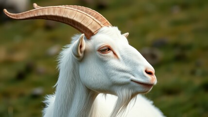 White goat with long horns grazing in a green pasture during daylight hours in a rural setting