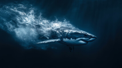 Fototapeta premium Majestic Great White Shark Gliding Through Deep Blue Waters in Search of Prey at Twilight