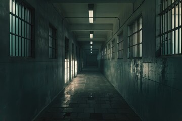 Premium Quality Picture of Empty Prison Corridor with Windows and Bars