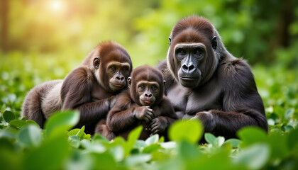 Fototapeta premium Mountain gorilla family embracing in lush jungle foliage, wildlife conservation