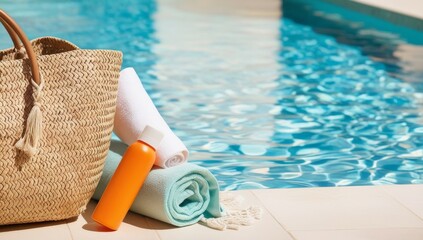 Swimming pool essentials concept. Beach bag with items for safe sunbathing near swimming pool, white blanket and sunscreen product