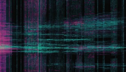 Obraz premium Abstract Digital Glitch Art: Teal and Pink Hues on Black Background