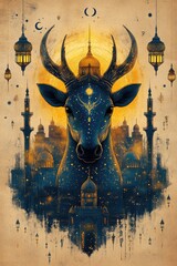 Majestic Deer Adorned With Cityscape And Lanterns