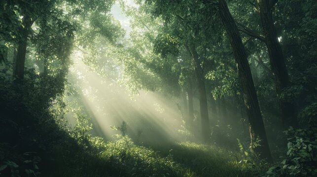 Sunbeams pierce misty forest path, nature background, idyllic scene