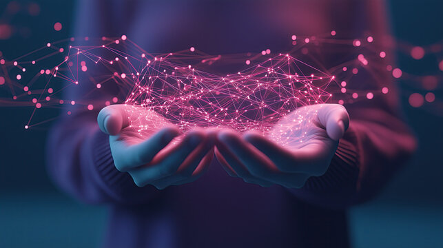 conceptual image of digital ownership with glowing connections in hands