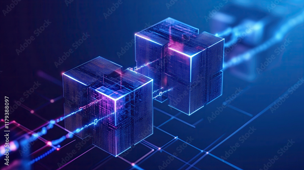 Poster futuristic digital representation of interconnected blocks symbolizing decentralized ownership