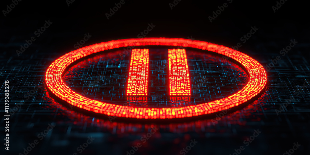 Poster digital red pause symbol glowing on dark background with tech feel