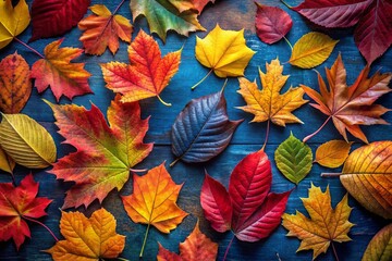 Fototapeta premium Colorful Autumn Leaves Pattern on Dark Blue Background - Stock Photo
