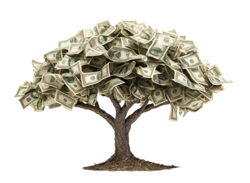 Tree of money isolated on transparent background. Generative AI