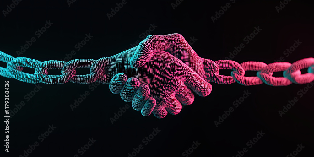 Poster holographic handshake symbolizing trust and connection in blockchain technology