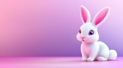 Obraz premium A charming pink Easter bunny icon with floppy ears, outlined in white, placed on a gradient pink and purple background.