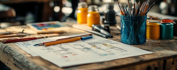 Business strategy concept, digital marketing analysis with paperwork sketches on wood table, clean workspace, modern business tools, detailed planning, 4K clarity