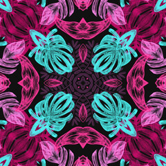 Colorful oriental mosaic square rug with a traditional central medallion with floral motif and geometric ornaments. Patterned carpet with a border frame. Cross stitch template