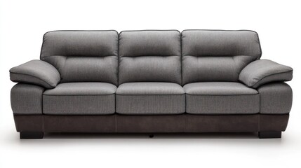Modern three-seater sofa with gray fabric upholstery and dark brown base.