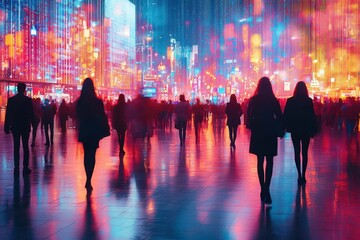 abstract blurred trade show exhibition hall with silhouettes of business professionals networking against modern led display background