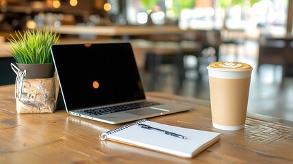 Fototapeta premium woman laptop, coffee, cafe, latte, workspace. A cozy workspace featuring a laptop, coffee cup, and a notepad on a wooden table, with greenery enhancing the inviting atmosphere.
