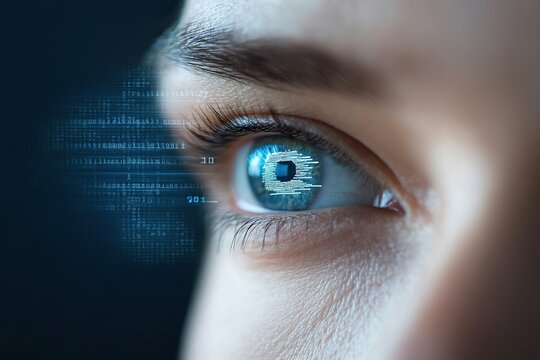 Close-up of a human eye displaying digital code reflecting innovative technology and vision