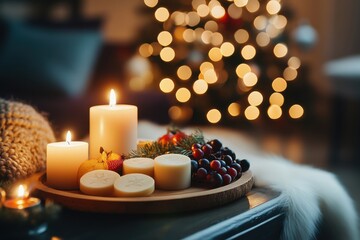 Cozy Holiday Table Setting with Fresh Fruit and Candles on a Wooden Plate Surrounded by Soft Candlelight and a Bokeh Background