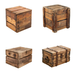 types wooden boxes isolated on background, lumber grunge freight old