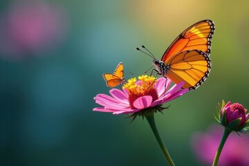 Obraz premium Two butterflies perch on a colorful flower stem, butterfly, warm