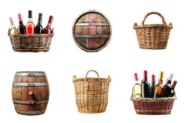 wicker baskets wine bottles wooden barrels on background, natural traditional rustic container
