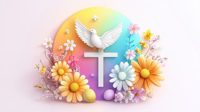 A colorful flat  Easter Christian clipart design with a dove, cross, and scripture quotes framed by spring flowers.