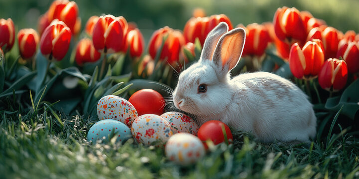 White bunny rabbit in green grass garden with red spring tulip flowers and colorful easter eggs - Powered by Adobe