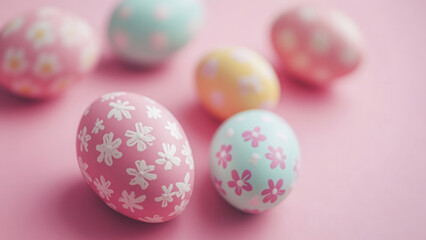 Decorative Easter eggs on soft pastel pink color background