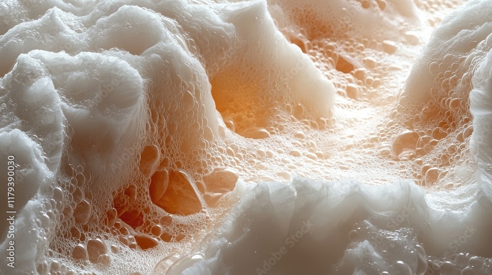 Poster abstract foam bubbles texture: close-up macro photography of white and orange bubbles, nature-inspir