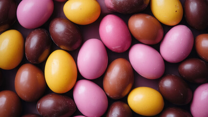 Colorful brown and pink chocolate easter eggs background, top view from above