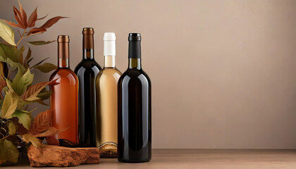 Concepto minimalista de botellas de vino sin etiqueta sobre fondo neutro, AF