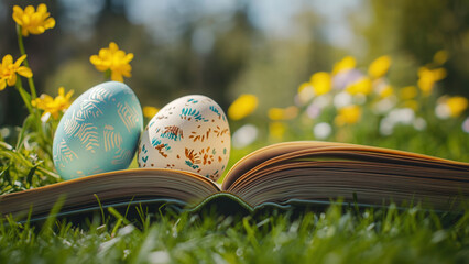 Decorative Easter eggs on open reading book with spring flowers in green grass garden