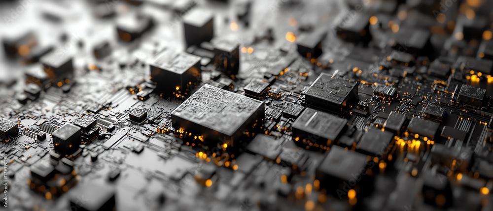 Poster small semiconductor microchip concept, nanosized with intricate circuits, advanced technology develo