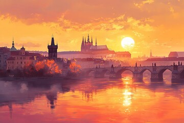 Fototapeta premium Prague Sunset: Romantic Bridge and Golden Cityscape