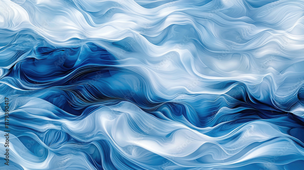 Poster fluid dynamic patterns of interconnected blue waves in a digital landscape
