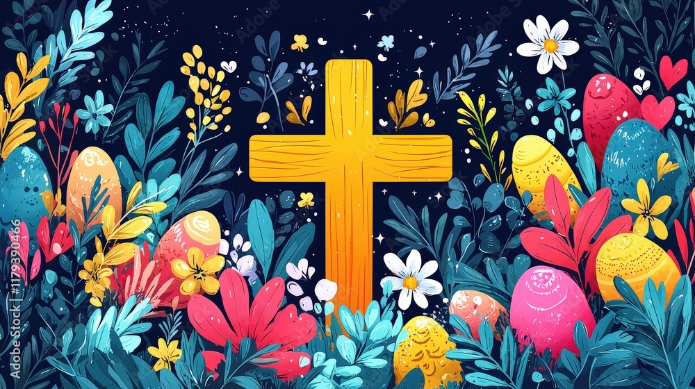 Poster a flat easter decoration background with a central cross surrounded by a colorful array of seasonal 