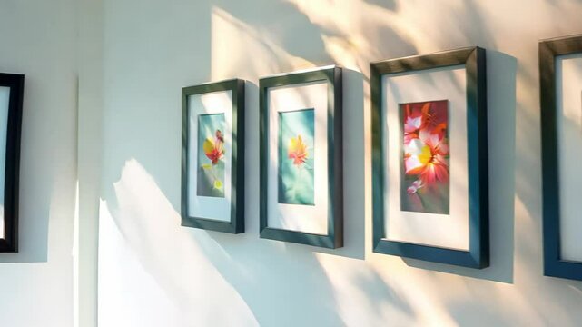 Artistic gallery wall with floral paintings illuminated by soft sunlight
