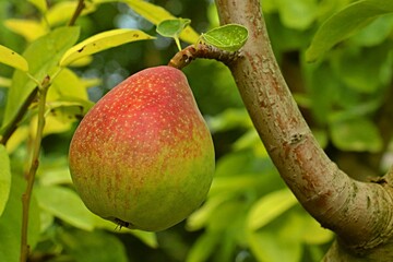 Ripening pear fruits on tree branches