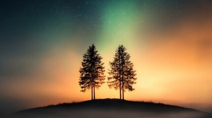 Majestic Silhouette of Two Pine Trees Against a Colorful Sunrise Sky with Stars and Misty Landscape