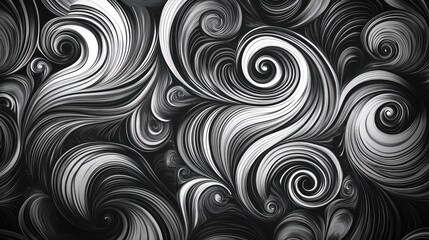 Abstract grayscale swirling pattern with intricate, layered spirals and curls.