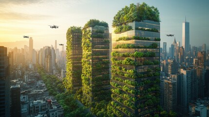 Obraz premium Futuristic green skyscrapers with drones flying overhead at sunset, showcasing sustainable urban development and technological advancement.