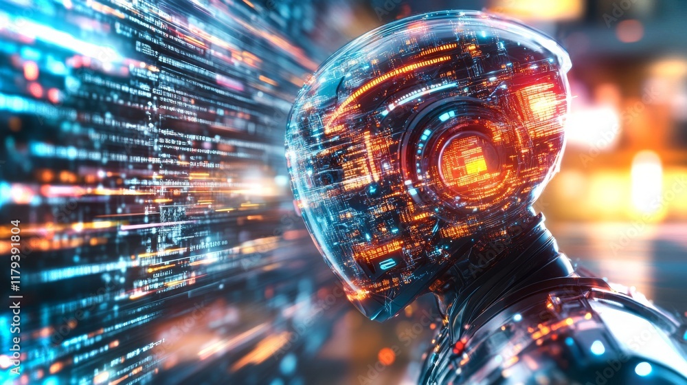 Poster futuristic ai-powered assistant analyzing data and flagging risks in a digital environment