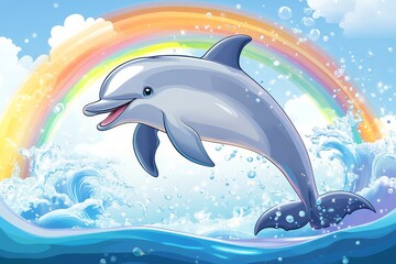 Fototapeta premium A playful dolphin leaps through vibrant waves under a bright rainbow, capturing a joyful and colorful marine scene.