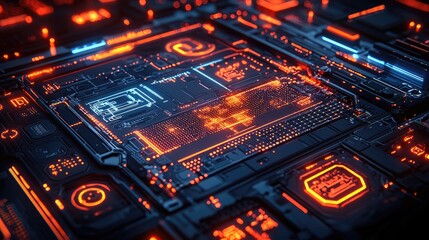 Obraz premium Abstract Futuristic Circuit Board: A Glowing Cyberpunk Digital Network. High-Tech Innovation in Technology and Engineering.